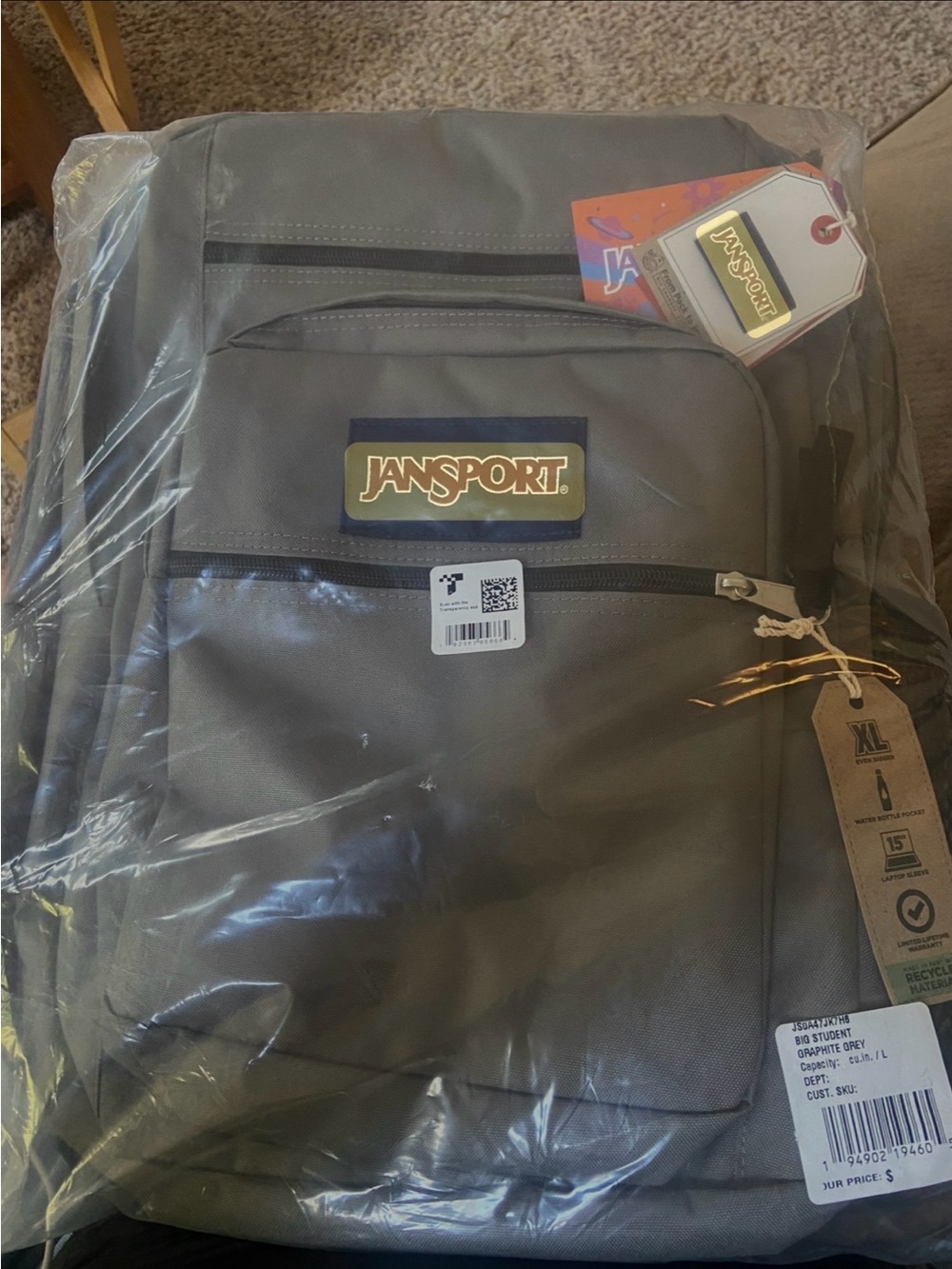 Jansport Gray Backpack with Front Zip Pocket